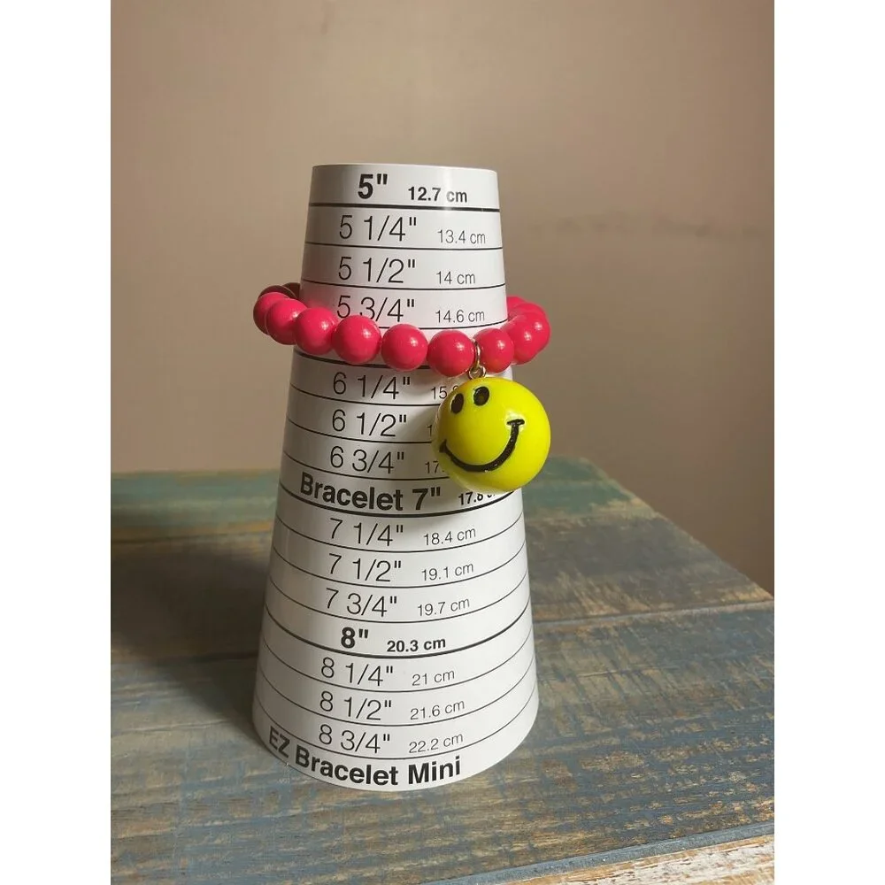 Beaded Bracelets Set Of 3 With Red Lucite Smiley Face & Flower Design